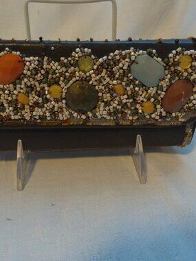 Mary Frances Brown Leather Evening Purse Eye Glass Case Beaded GUC